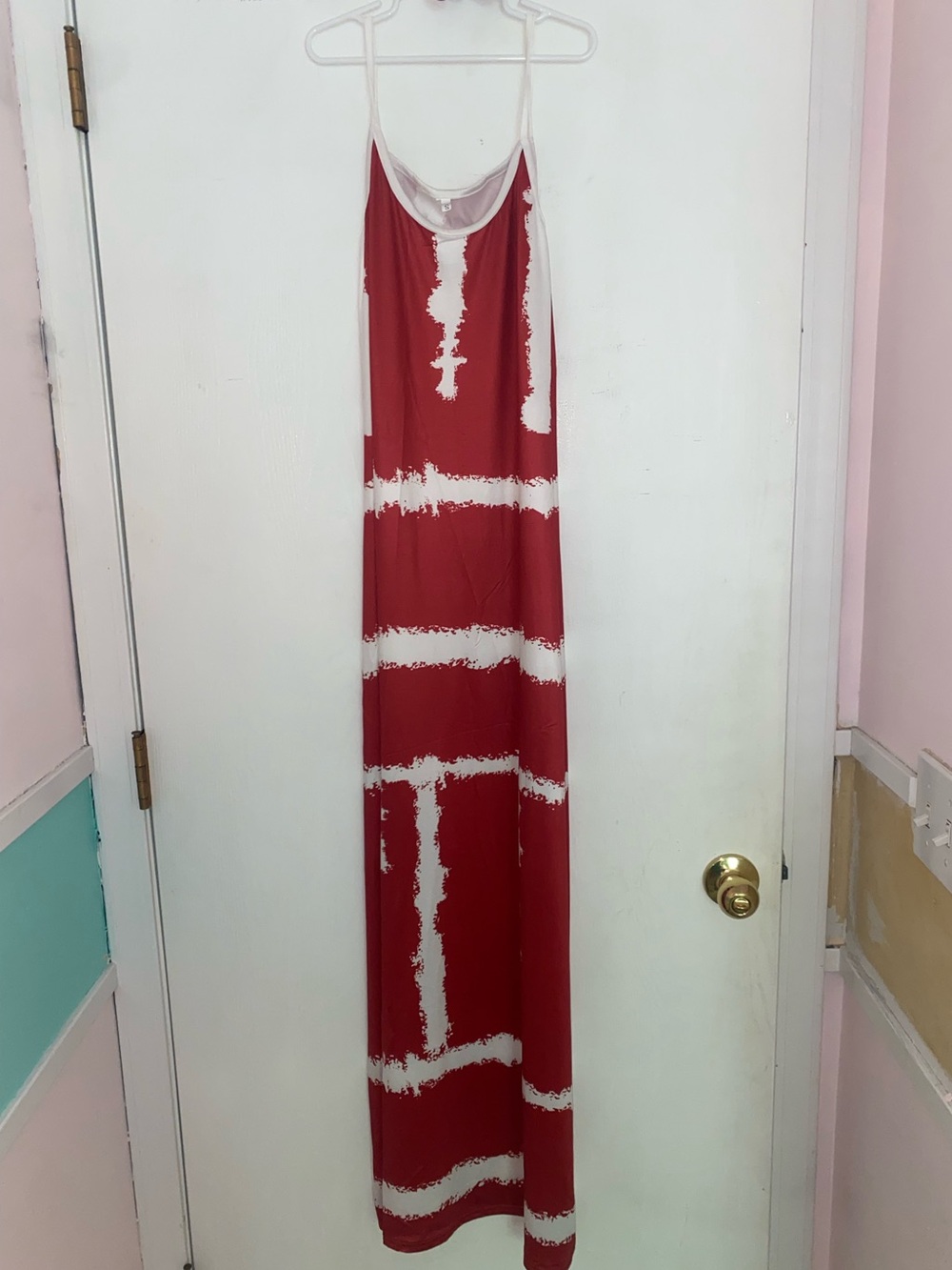 Red and White Silky Tie-Dye Maxi Slip Dress
